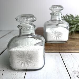 Set of 2 Small Apothecary Jars Square Clear Glass w/ Stopper 4" Starburst Design
